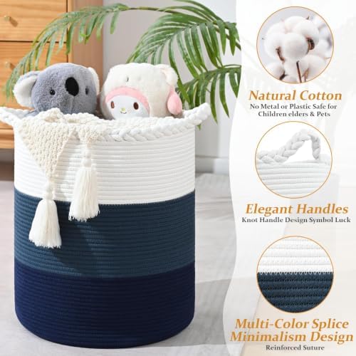 Laundry Hamper for Organizing, 52L Large Laundry Baskets, Cotton Rope Woven - Image 3
