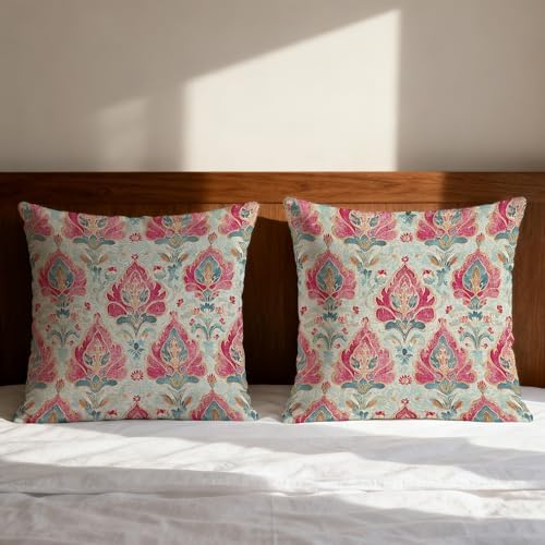 Vintage Boho Pink Teal and Gold Damask Floral Pillow Covers 18x18 Set of 2 - Image 3