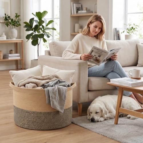 90L Extra Large Blanket Basket, Woven Rope Laundry Basket-Jute&Black - Image 4