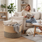 65L Large Blanket Basket, Rope Woven Laundry Baskets-Jute&Black - Image 4