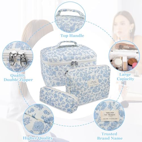 Gosect Makeup Bag, Large Quilted Cosmetic Bag, Big Floral Make Up Bag - Image 3