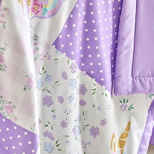 Patchwork Crib Bedding Set Unicorn Plaid Floral Design 3 Pieces Baby Girl Cute - Image 7