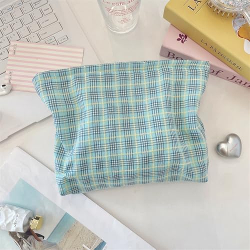 Flat Makeup Bag for Women, Zipper Cosmetic Pouch for Purse, Plaid Blue - Image 6