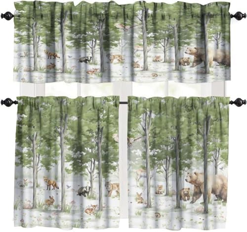 Forest Valance Curtain for Kitchen, Cartoon Forest Nature Animal Bear, Rabbit by LOMADIA