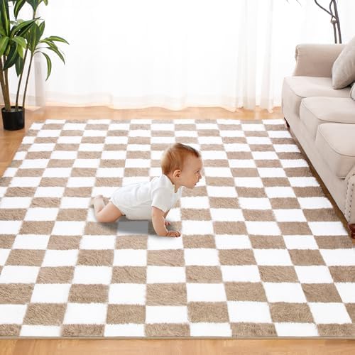 Super Soft Rug for Bedroom, 5x7 Ft Beige and White Area Rug Classic Checkered by TOOHUB