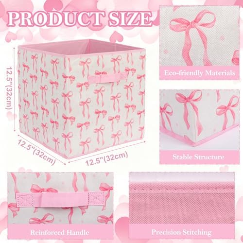 6 Pcs Pink Bow Cube Storage Bins 12.5 Inch Pink Storage Basket - Image 2