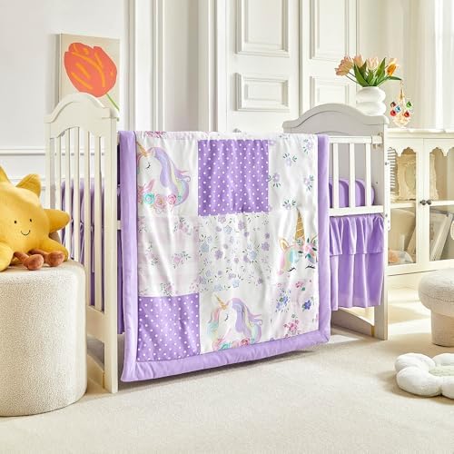Patchwork Crib Bedding Set Unicorn Plaid Floral Design 3 Pieces Baby Girl Cute - Image 4