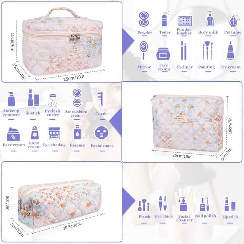 Gosect Makeup Bag Set, Quilted Makeup Bags, Large Floral Cosmetic Bag - Image 2