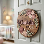 Personalized Wooden Nursery Name Sign, Custom Floral Baby Name Plaque, Round - Image 4
