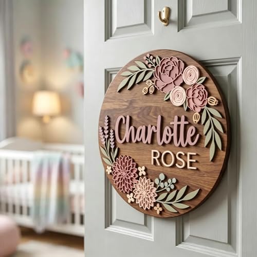 Personalized Wooden Nursery Name Sign, Custom Floral Baby Name Plaque, Round - Image 4