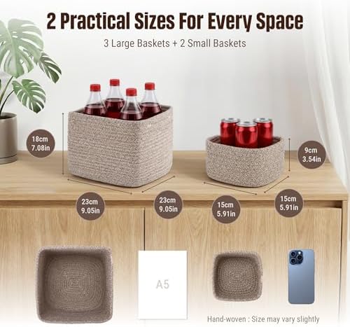 5-Pack Storage Cubes Woven Rope Baskets, 2 Sizes Organizer Bins - Image 2