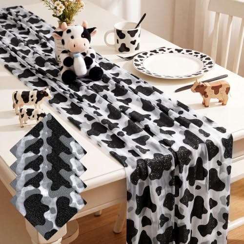 4 Pcs Cow Print Table Runners 29x70in Glitter Lace Dairy Cow by Windkream