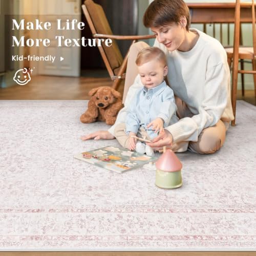 8x10 Area Rugs for Living Room: Washable Large Vintage Floral Rug Low Pile - Image 5