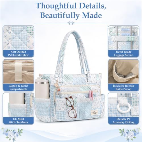 WOBAGMEN Teacher Tote Bag for Women, Quilted Floral Laptop Work Tote - Image 5