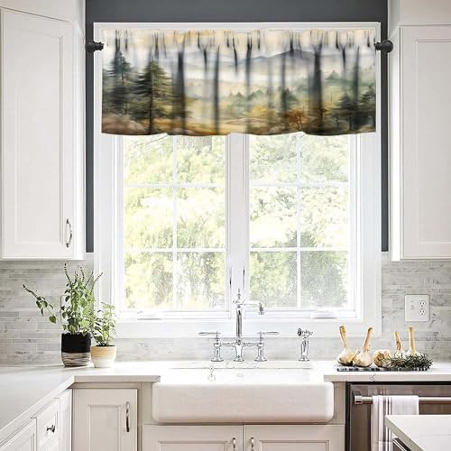 Forest Valance Curtain for Kitchen, Watercolor Mountain Forest Nature Tree - Image 6