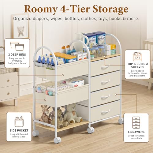 Baby Organizer and Storage Cart, 4-Tier Rolling Utility Cart - Image 4
