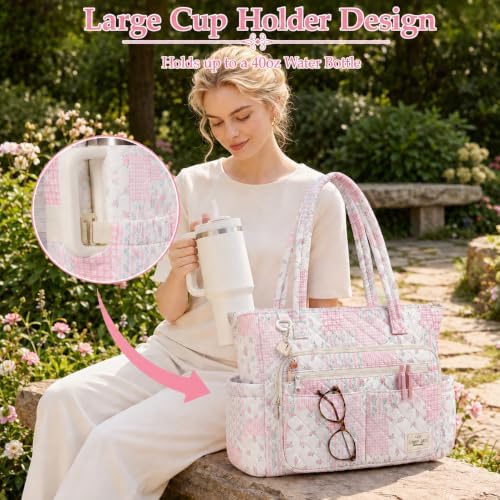 WOBAGMEN Teacher Tote Bag for Women, Quilted Floral Laptop Work Tote - Image 7