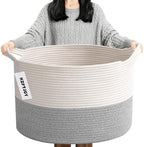 90L Extra Large Blanket Basket, Woven Rope Laundry Basket-White&Grey by HZFTJOY
