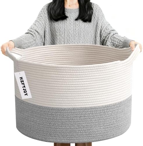 90L Extra Large Blanket Basket, Woven Rope Laundry Basket-White&Grey by HZFTJOY