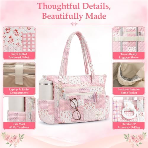 WOBAGMEN Teacher Tote Bag for Women, Quilted Floral Laptop Work Tote - Image 5