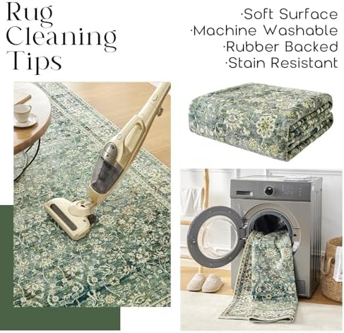 Green and Navy Washable Rug Runners 2x6 Vintage Floral Rugs - Image 4