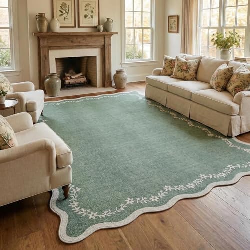 GarveeHome 5x7 Scalloped Area Rug Sage Green Washable Living Room Rug by GarveeHome