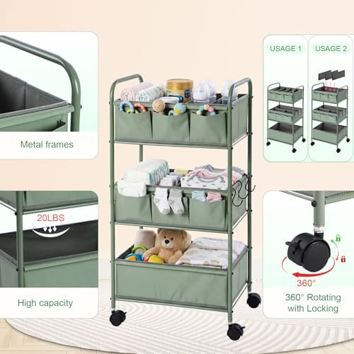 WILLBOND 3 Tier Green Baby Diaper Caddy Organizer Cart - Image 3