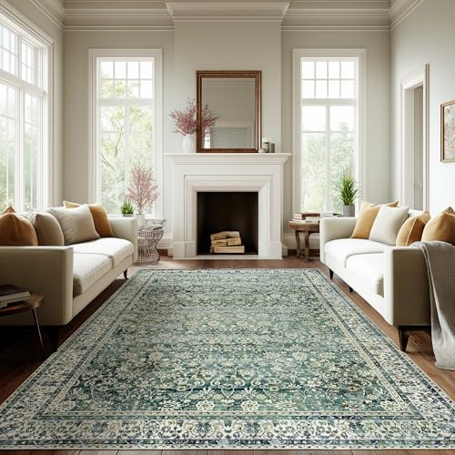 Dark Green Area Rugs 8x10 for Bedroom Washable Floral Distressed Carpet by BILEEHOME