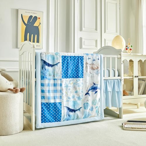 Patchwork Crib Bedding Set Blue Ocean Plaid Design 3 Pieces Baby Cute Quilted - Image 3
