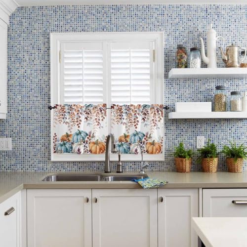 Fall Thanksgiving Kitchen Curtains and Valances Set, Watercolor Autumn Pumpkins - Image 5