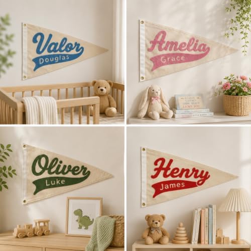 Custom Hand Embroidered Pennant Flag Personalized Baby Name Canvas Banner - Image 3