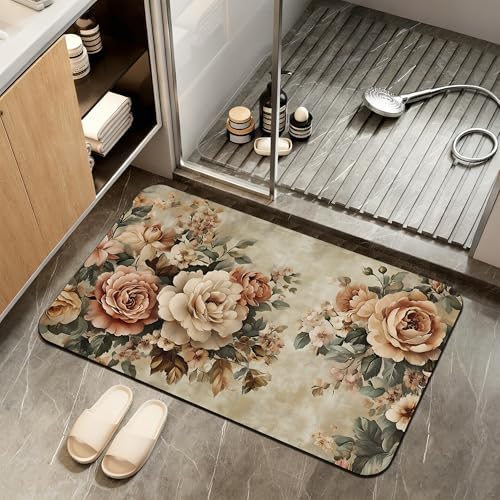 Vintage Rose Bath Mat, Retro Flowers Diatomaceous Earth Bath Mat, Rubber by ZTHLL