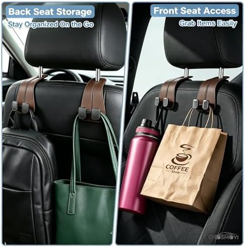 2 Pack Leather Car Headrest Hooks, Heavy Duty Double Car Hooks - Image 3