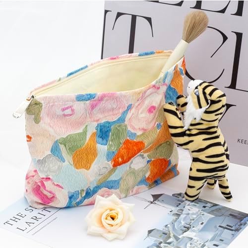 Flat Makeup Bag for Women, Zipper Cosmetic Pouch for Purse, Garden Orange - Image 2