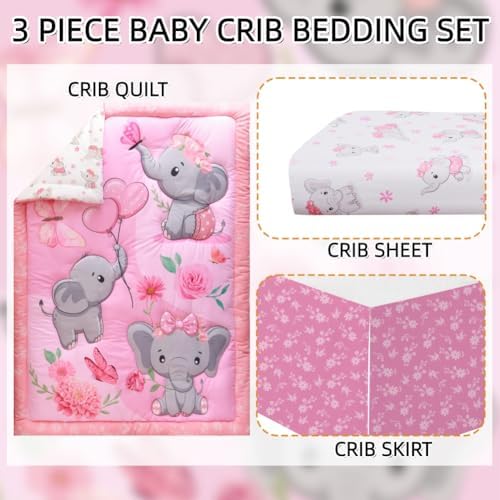 Baby Girl Crib Bedding Set Pink Elephant Crib Nursery Comforter Bed Sets Decor - Image 2