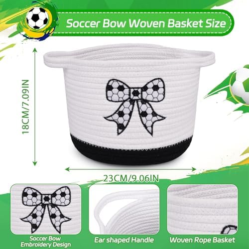 Bow Woven Basket- Beautiful Cotton Rope Gift Basket Embroidered Soccer Bow - Image 3