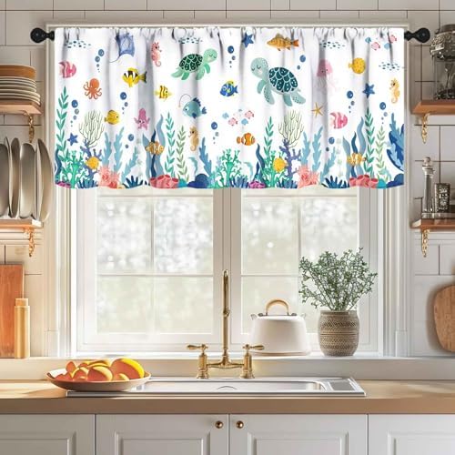 Sea Turtle Curtains Valance, Sea World Underwater Fish Ocean Animals Shark Fish - Image 3