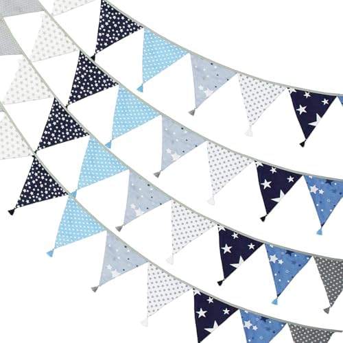 G2PLUS 10.8Ft Cotton Triangle Bunting Banner – 12pcs Blue and Gray Fabric by G2PLUS