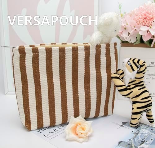 Flat Makeup Bag for Women, Zipper Cosmetic Pouch for Purse, Stripe Coffee - Image 6