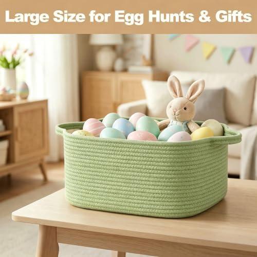 Large Green Woven Basket, 16.5" x 12.5" x 7" Empty Gift Basket, Big Cotton Rope - Image 5