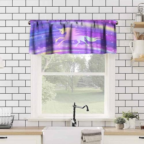 Fantasy Rainbow Valances Curtain Purple Sky Unicorns Silhouette Pattern Window - Image 4