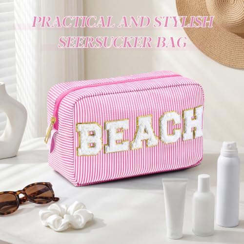 Sanwuta Seersucker Cosmetic Bags Beach Bags Chenille Letter Makeup Bag Stripe - Image 5