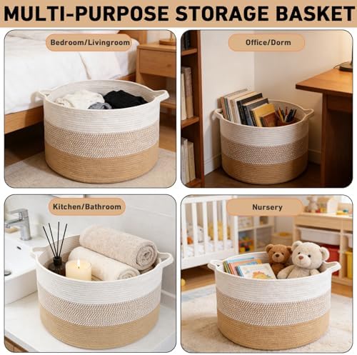 90L Large Blanket Basket, Rope Woven Laundry Basket-Yellow - Image 5