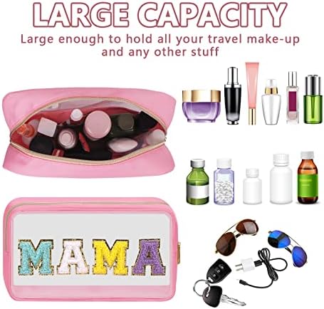 Iqimott Clear Patch Makeup Bag Mama Pouch, Preppy Personalized Chenille Letter - Image 4