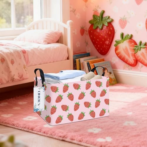 Rectangular Fabric Storage Bin, Foldable Strawberry print Basket - Image 4