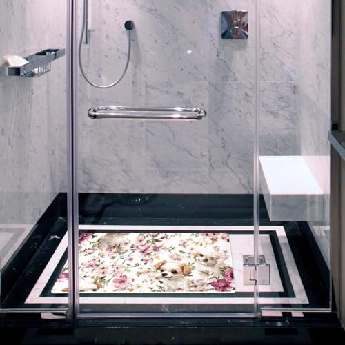 Shower Mat Non Slip 26.8 x 15.1 Inches, Dog Flower Bathtub Mat Shower Stall Mats - Image 6