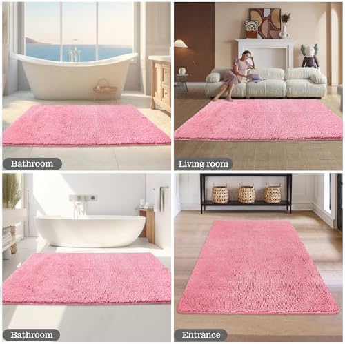 Yeaban Chenille Pink Bathroom Rug 40"x60", Non-Slip Rubber Backing - Image 5