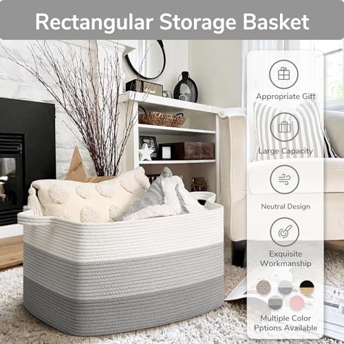Goodpick Large Woven Rope Blanket Basket, Light Gray - Image 7