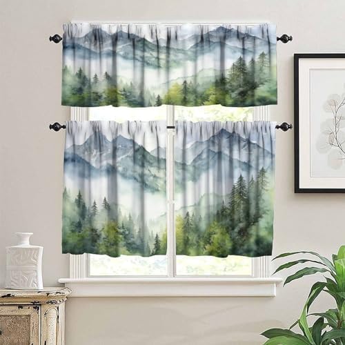 Forest Valance Curtain for Kitchen, Watercolor Style Nature Woodland Green - Image 3