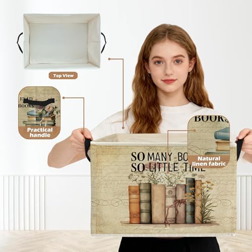 Vintage Floral Bookish Storage Box Bins, So Many Books So Little Time - Image 2